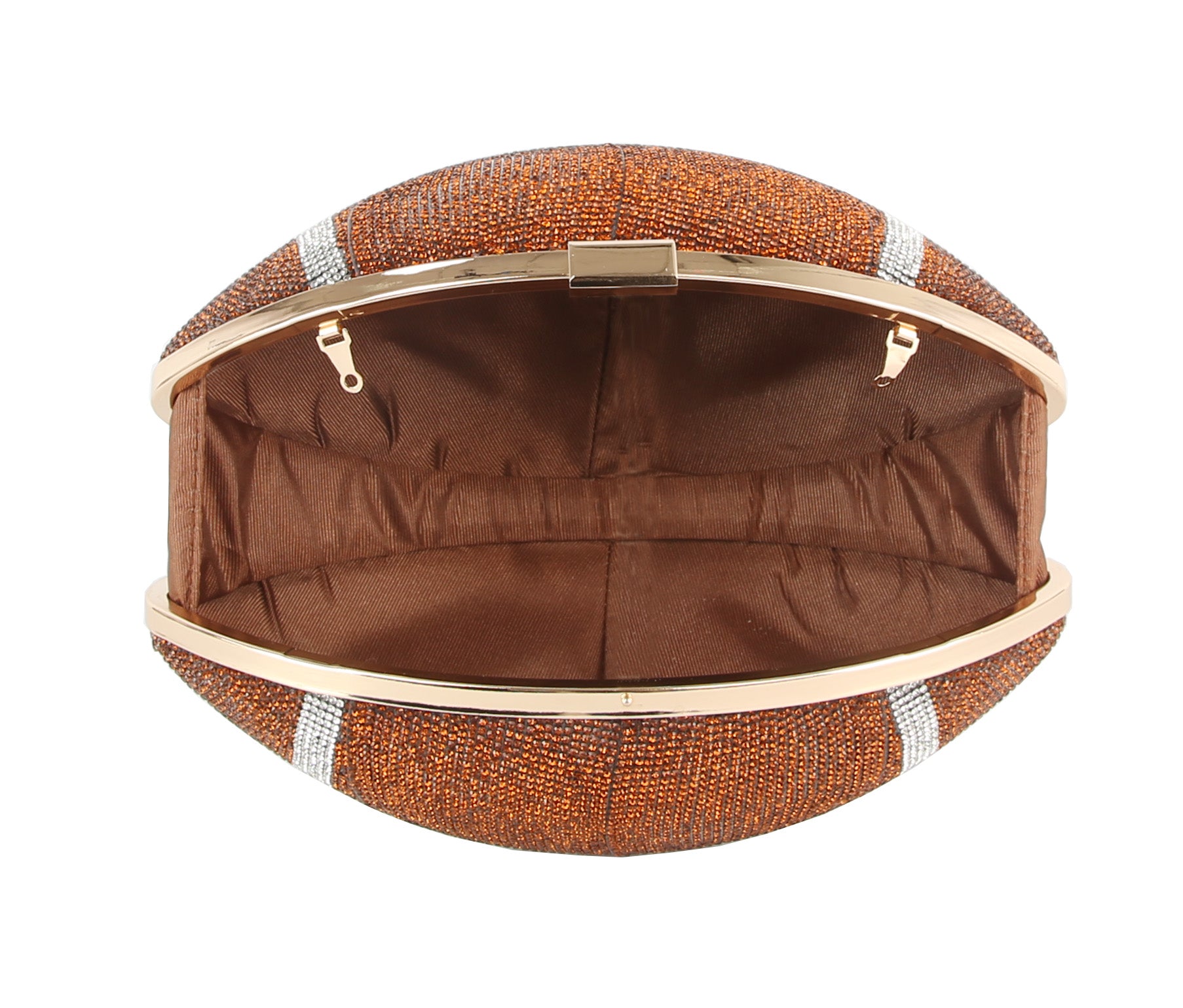 The *FINAL SALE ITEM* Rhinestone Bling Football Bag is a brown clutch purse with white stripes, metal frame, and brown fabric lining, designed to resemble a football. Shown open to display its sparkling details.