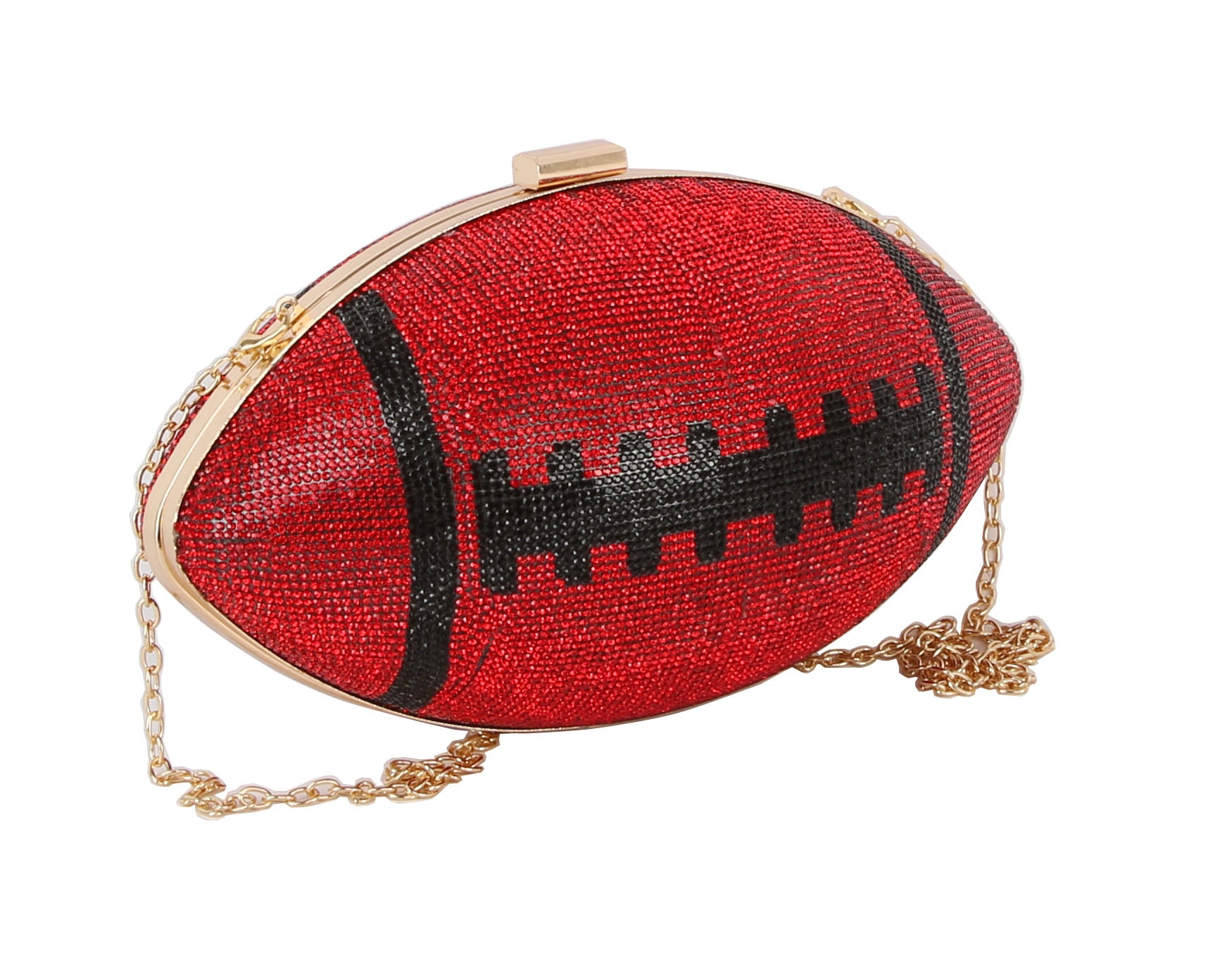 The *FINAL SALE ITEM* Rhinestone Bling Football Bag features red rhinestones, black stitching, gold trim, and a gold chain strap. All sales are final—no returns or exchanges.