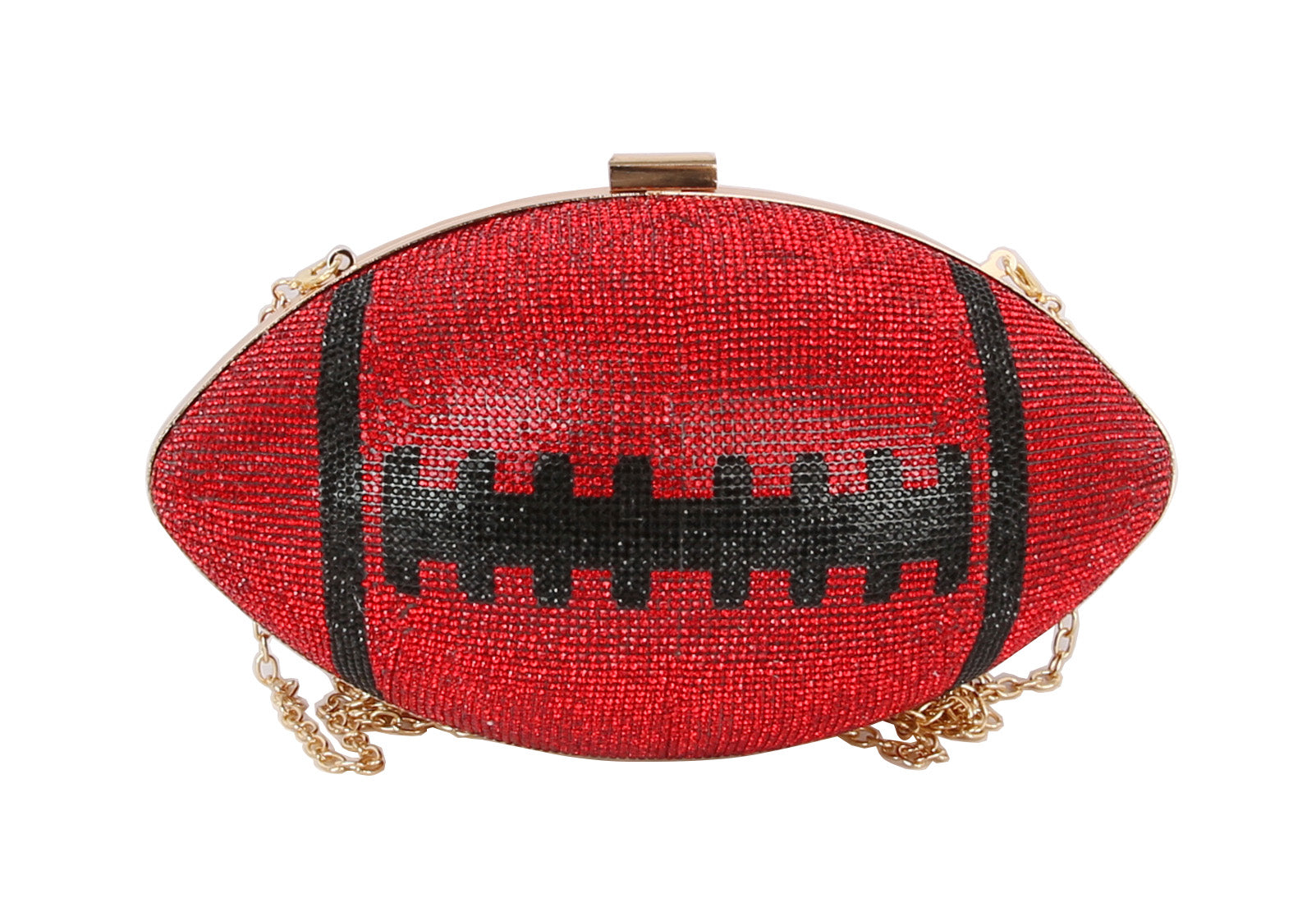Add sparkle to your look with the FINAL SALE ITEM Rhinestone Bling Football Bag, featuring red and black rhinestones, a football shape, gold clasp, and chain strap. Please note: all sales are final.