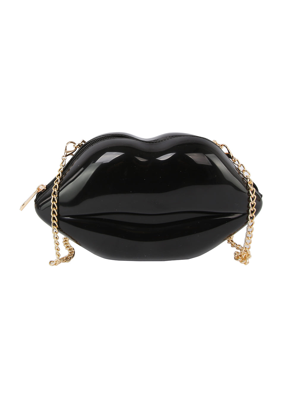 The Kissable Lip Jelly Shoulder Bag is a glossy black lip-shaped clutch, made from faux leather with a gold zip closure and matching chain strap.