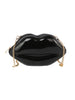 The Kissable Lip Jelly Shoulder Bag is a glossy black lip-shaped clutch, made from faux leather with a gold zip closure and matching chain strap.