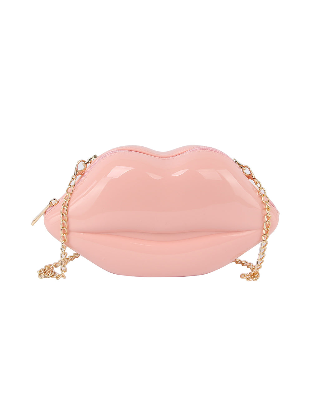 The Kissable Lip Jelly Shoulder Bag is a shiny, pink, lip-shaped faux leather handbag with a gold chain strap and zip closure, shown on a white background.