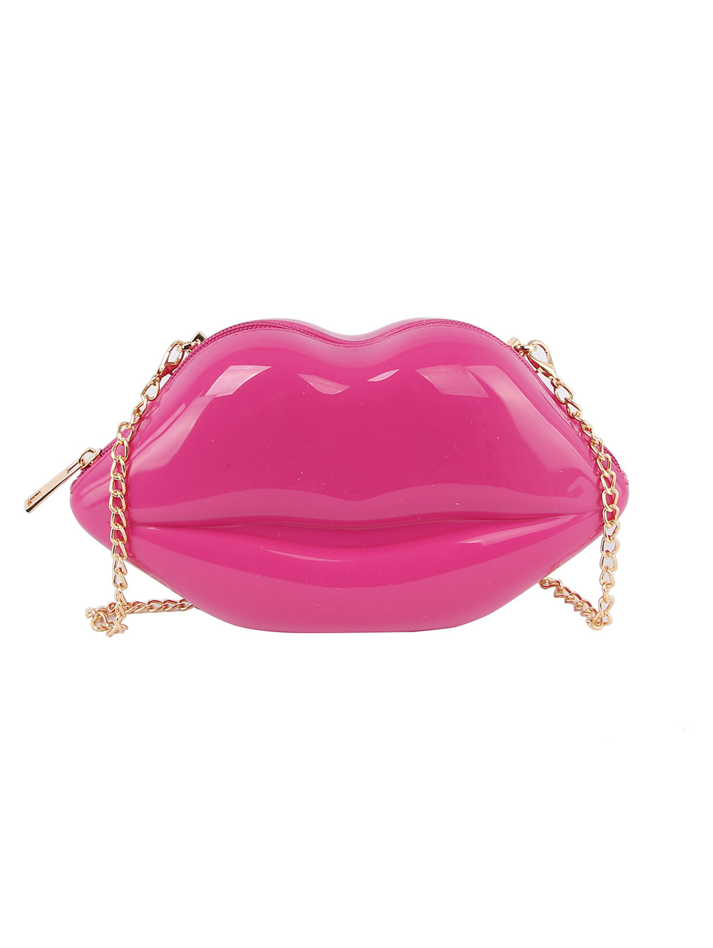 The Kissable Lip Jelly Shoulder Bag is a shiny bright pink faux leather handbag shaped like lips, with a gold chain strap and zip closure.