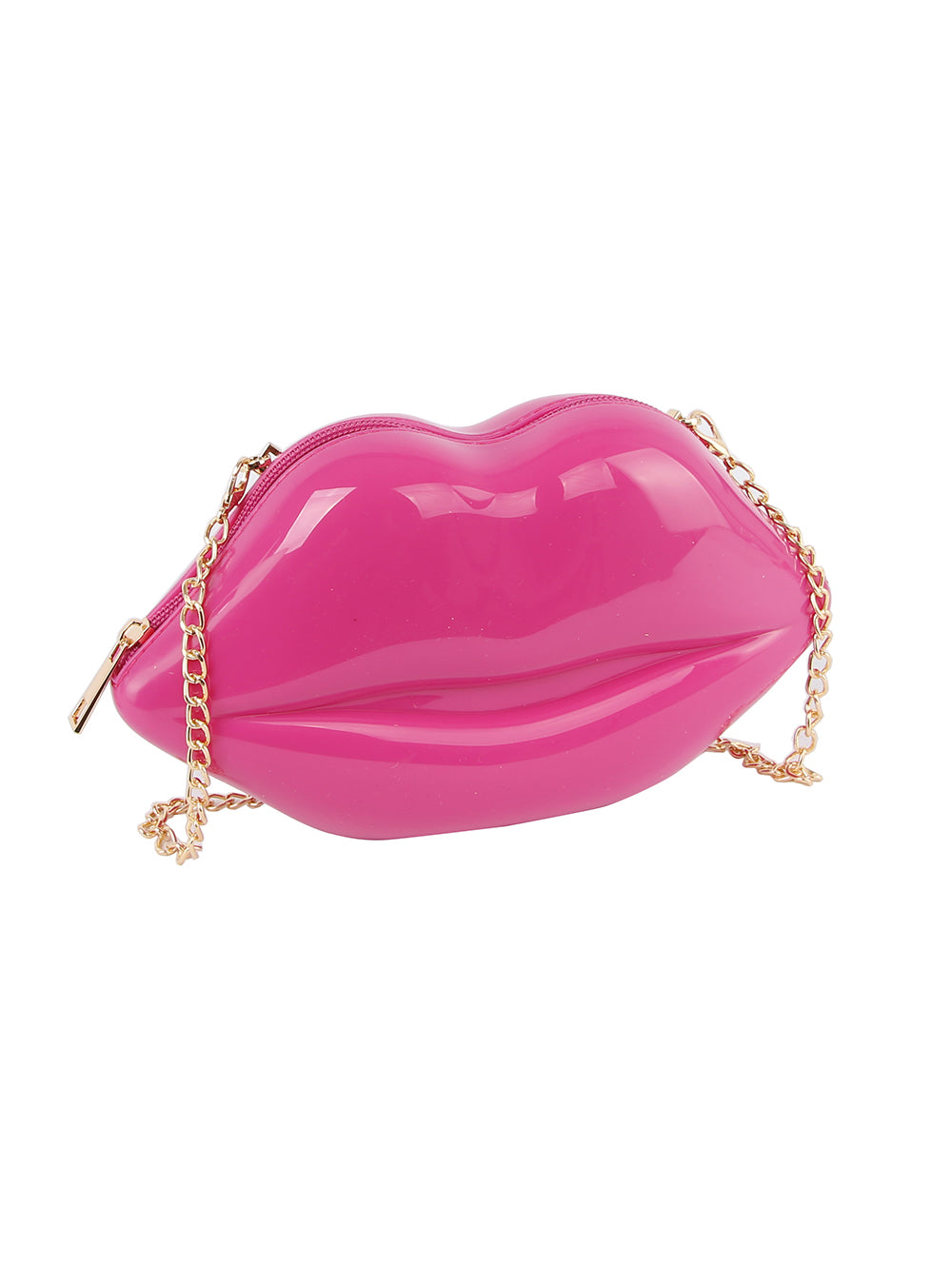 The Kissable Lip Jelly Shoulder Bag is a glossy, bright pink faux leather purse shaped like lips, featuring a gold chain strap and zip closure, shown on a white background.