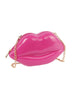 The Kissable Lip Jelly Shoulder Bag is a glossy, bright pink faux leather purse shaped like lips, featuring a gold chain strap and zip closure, shown on a white background.