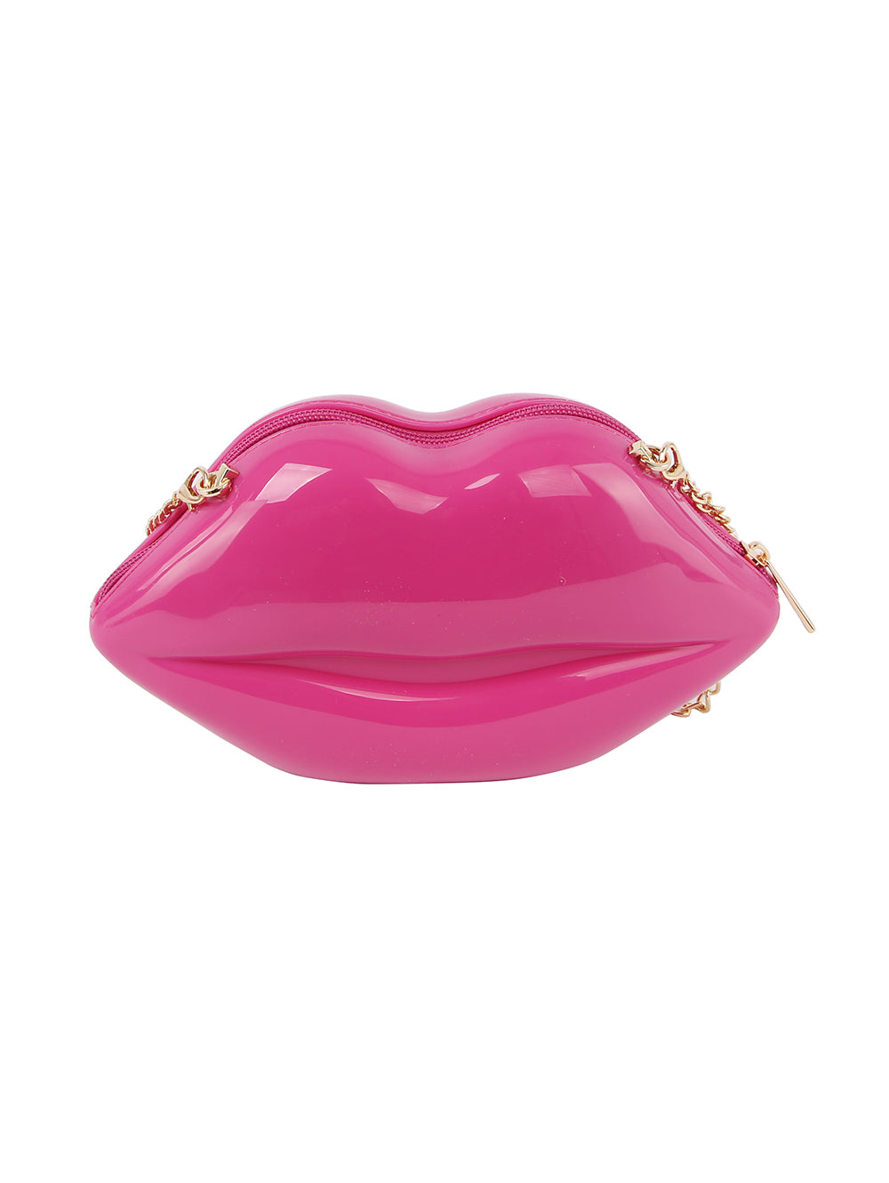 The Kissable Lip Jelly Shoulder Bag is a bright pink, lip-shaped handbag with a top zipper, gold chain accents, and luxe faux leather construction.