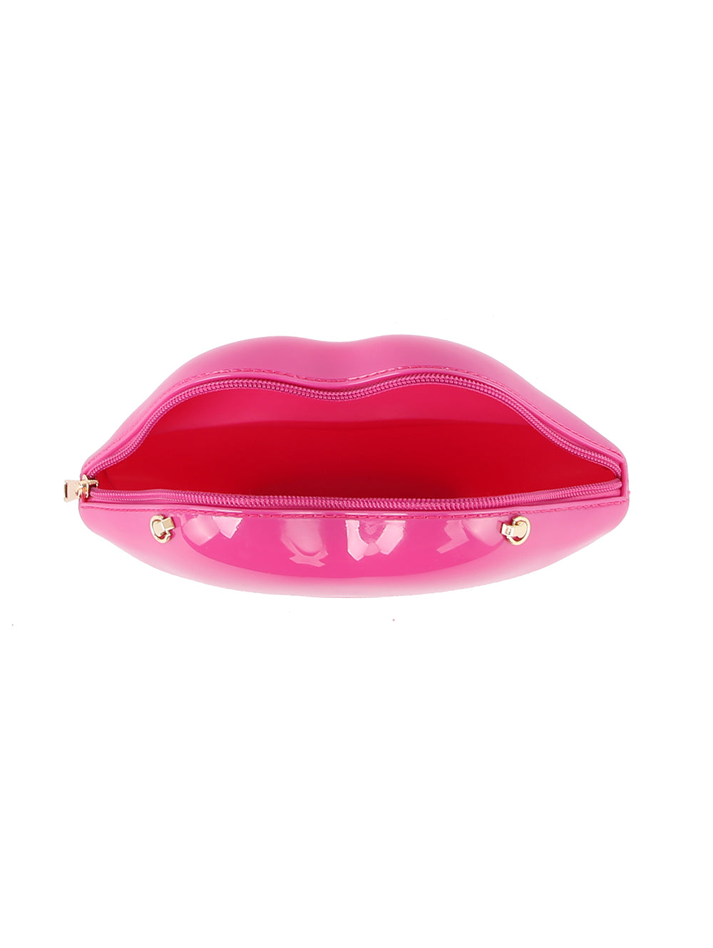 The Kissable Lip Jelly Shoulder Bag is a vibrant pink, lip-shaped faux leather clutch with a gold zip closure, displayed open and viewed from above on a white background.