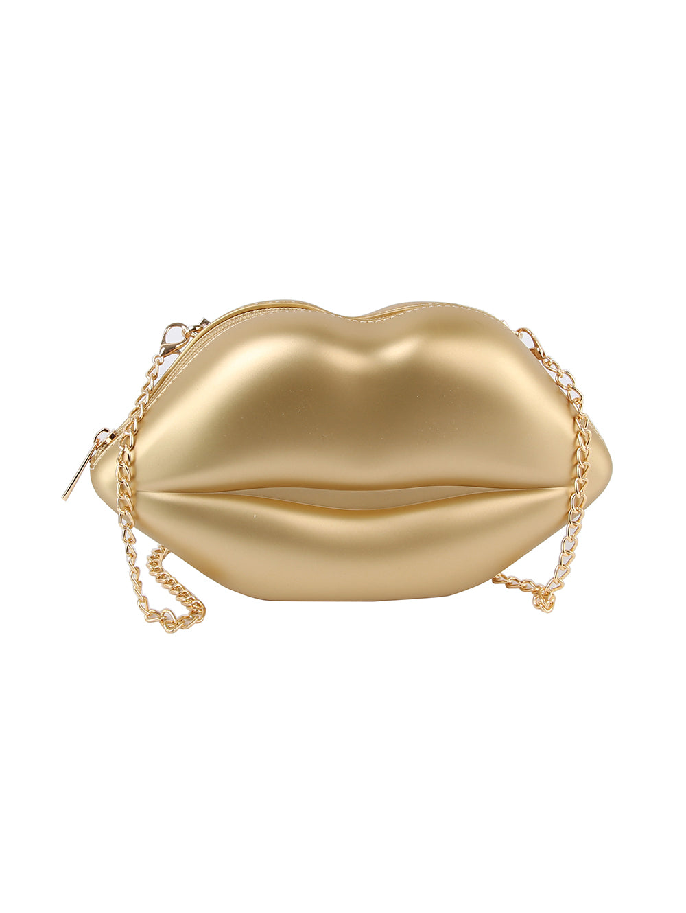 The Kissable Lip Jelly Shoulder Bag is a gold faux leather purse shaped like lips, featuring a metallic chain strap and top zip closure, shown against a white background.