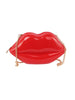 The Kissable Lip Jelly Shoulder Bag is a shiny red, lips-shaped faux leather purse with a gold chain strap and zip closure, displayed on a plain white background.