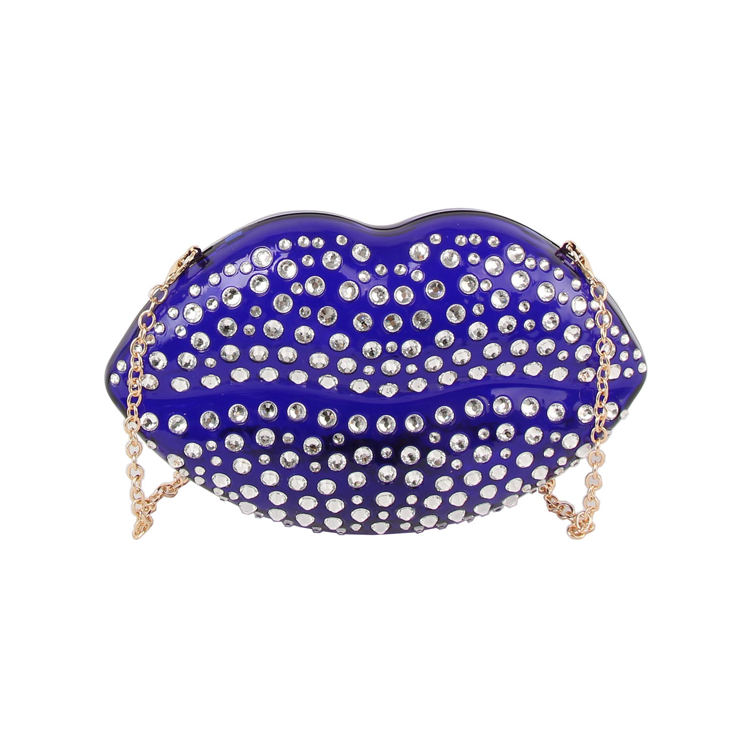 The Rhinestone Studded Lips Evening Bag is a shiny dark blue, lip-shaped clutch with sparkling rhinestones, gold-toned hardware, and a detachable chain strap.