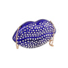 The Rhinestone Studded Lips Evening Bag features a sparkling rhinestone design, shiny dark blue surface, gold-toned hardware, and a detachable chain strap for versatile carrying.