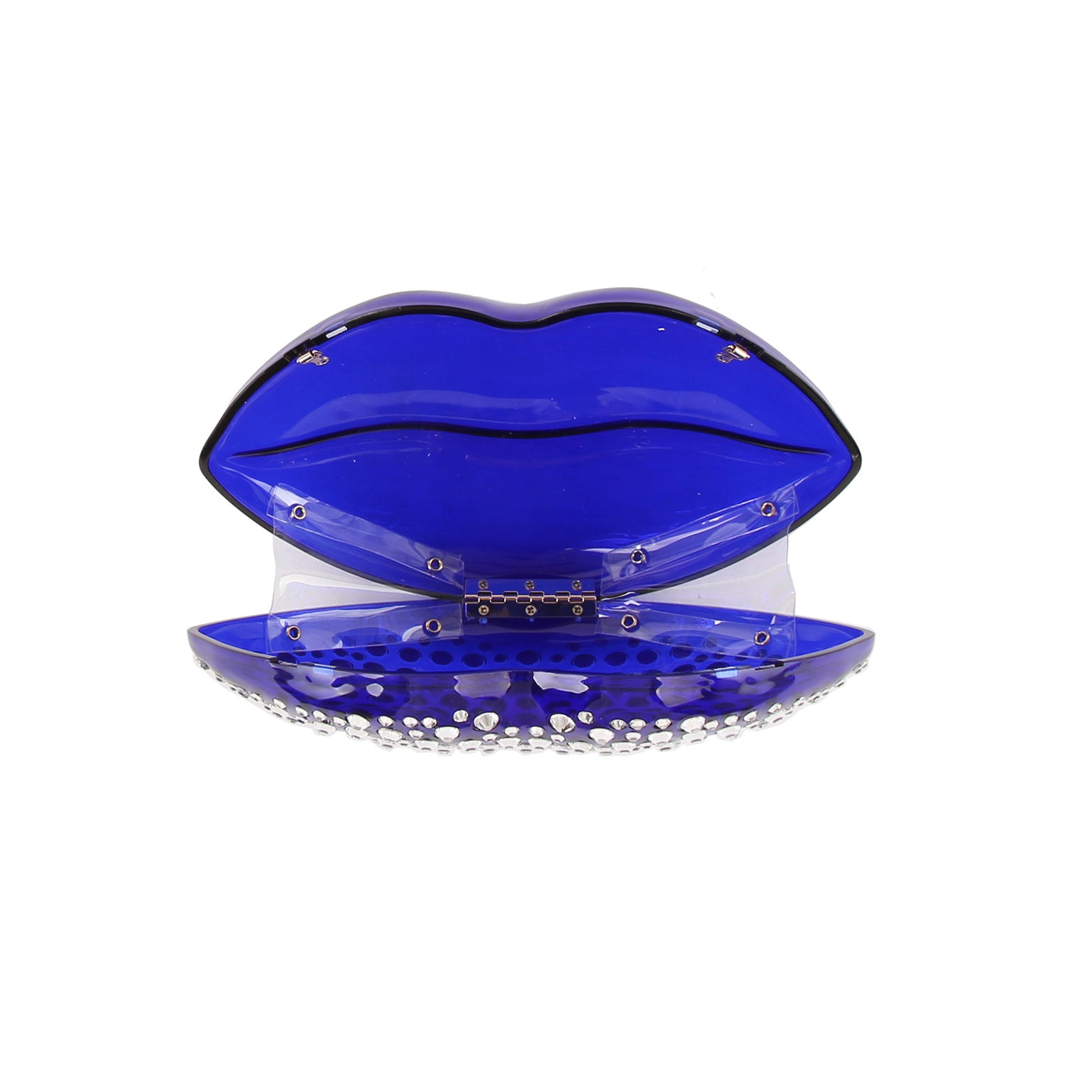 The Rhinestone Studded Lips Evening Bag is a shiny blue acrylic purse shaped like lips, with a crystal-studded edge, detachable chain strap, and open interior, shown against a plain white background.