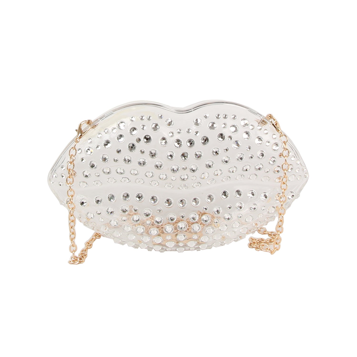 The Rhinestone Studded Lips Evening Bag is a clutch shaped like lips, featuring silver rhinestones, gold-toned hardware, and a detachable chain strap.