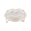 The Rhinestone Studded Lips Evening Bag is a clutch shaped like lips, featuring silver rhinestones, gold-toned hardware, and a detachable chain strap.