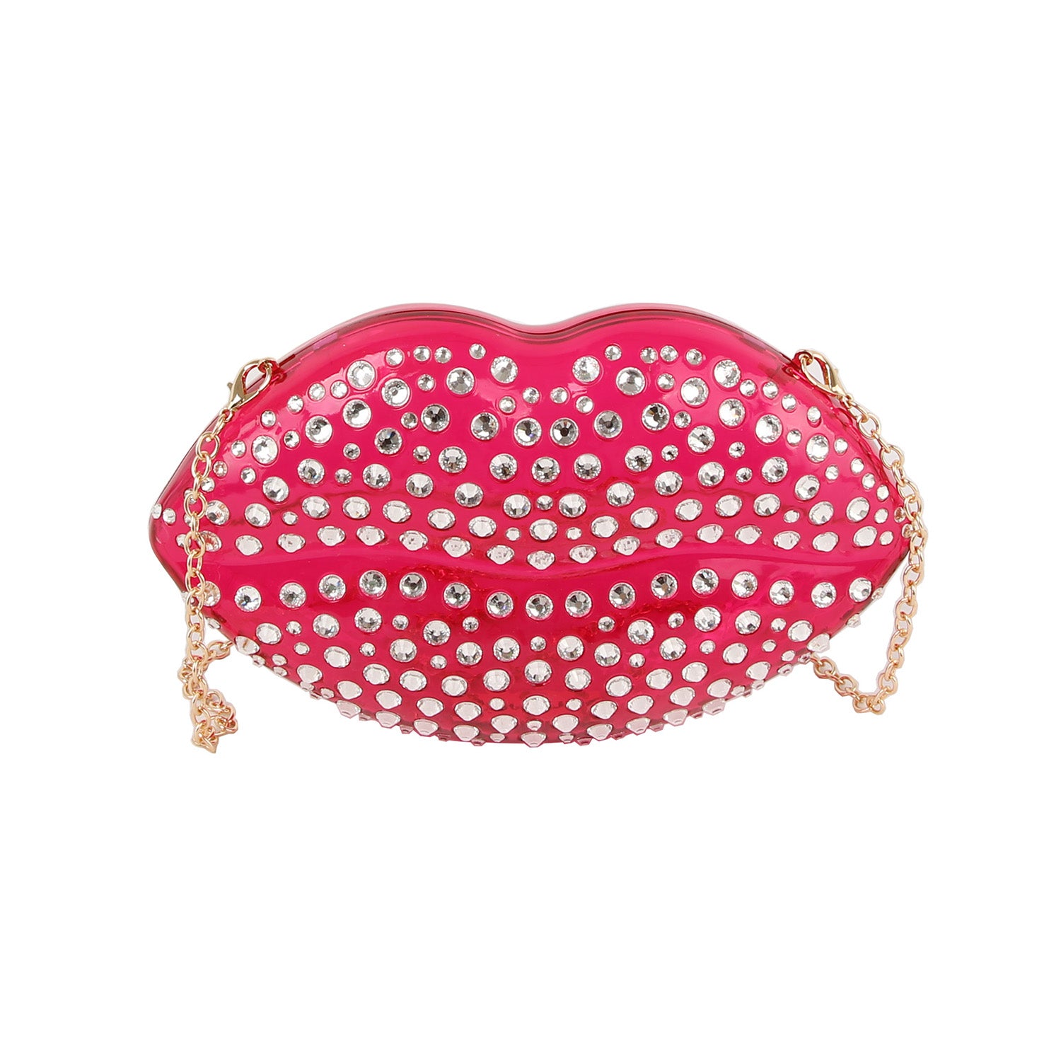 The Rhinestone Studded Lips Evening Bag is a red, lip-shaped acrylic purse with shiny rhinestones, gold-toned hardware clasp, and a detachable chain strap.