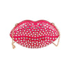 The Rhinestone Studded Lips Evening Bag is a red, lip-shaped acrylic purse with shiny rhinestones, gold-toned hardware clasp, and a detachable chain strap.
