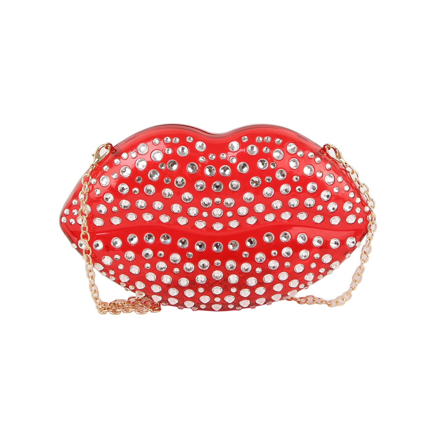 The Rhinestone Studded Lips Evening Bag is a red, lip-shaped acrylic purse with silver rhinestones, gold-tone hardware, and a detachable chain strap.