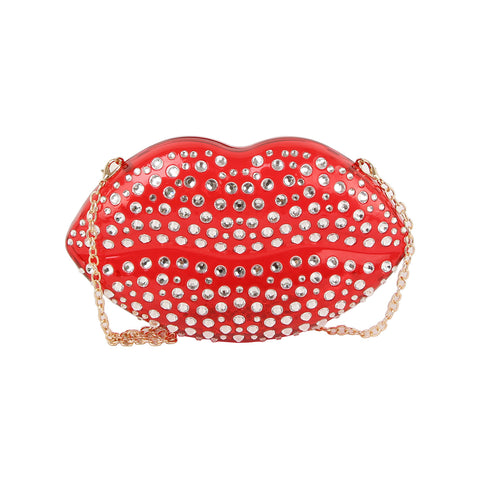 Rhinestone Studded Lips Evening Bag