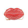 The Rhinestone Studded Lips Evening Bag is a red, lip-shaped acrylic purse with silver rhinestones, gold-tone hardware, and a detachable chain strap.
