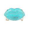 The Rhinestone Studded Lips Evening Bag is a blue, lip-shaped acrylic purse with rhinestones and a gold-toned chain strap, shown against a plain white background.