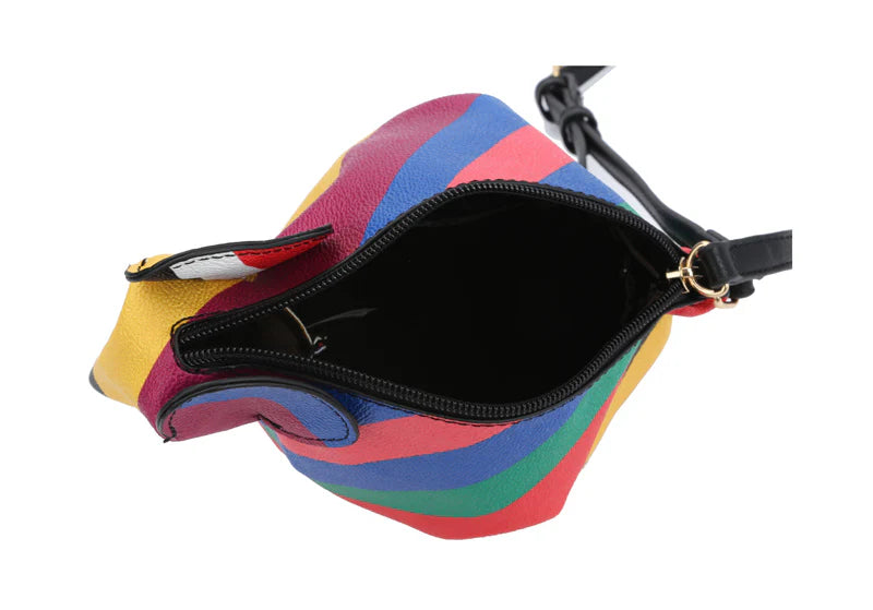The Unique Elephant Design Shoulder Bag is a small crossbody with a top zip closure, spacious unlined interior, colorful red, yellow, blue, and green horizontal stripes, and a black adjustable strap.
