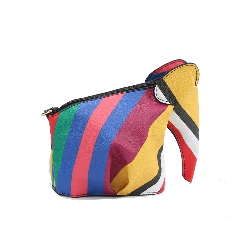 The Unique Elephant Design Shoulder Bag features a small elephant shape, crafted from faux leather with multicolored vertical stripes and a top zip closure.