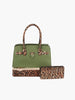 The Metal Frame Tote Handbag Set features a chic green leopard print design with faux leather accents, gold hardware, and matching handles and base, displayed with a coordinating tablet-compatible wallet in front.
