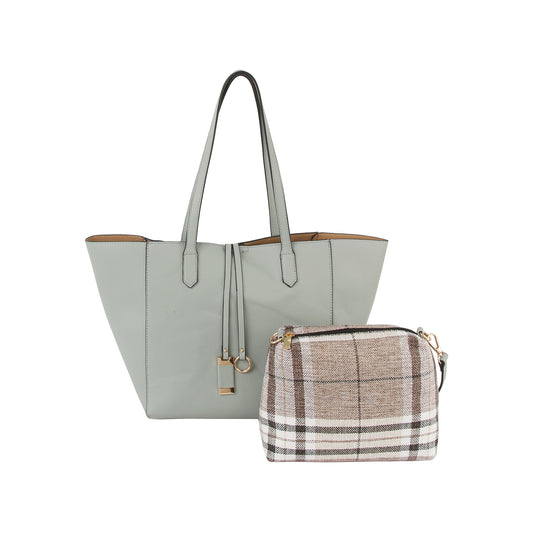 2 In 1 Classic Faux Leather And Plaid Tote Set