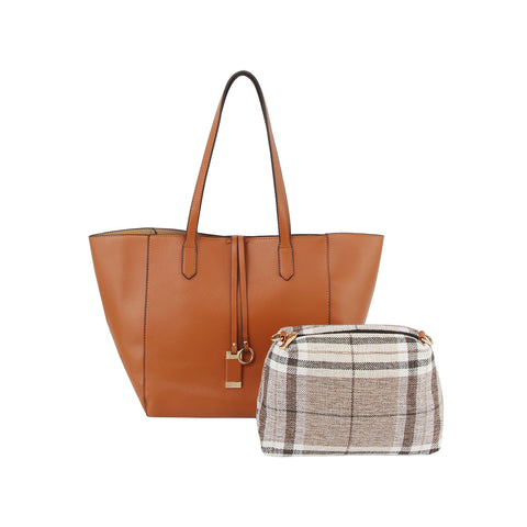 2 In 1 Classic Faux Leather And Plaid Tote Set