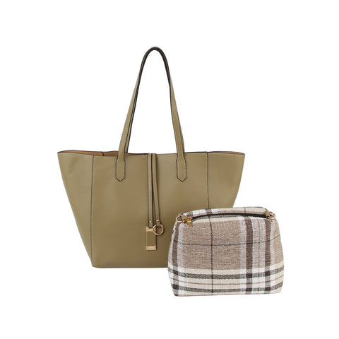 2 In 1 Classic Faux Leather And Plaid Tote Set