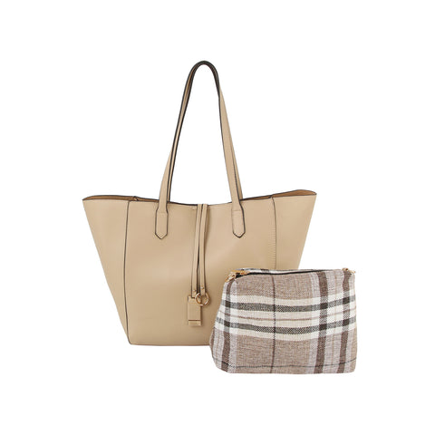 2 In 1 Classic Faux Leather And Plaid Tote Set