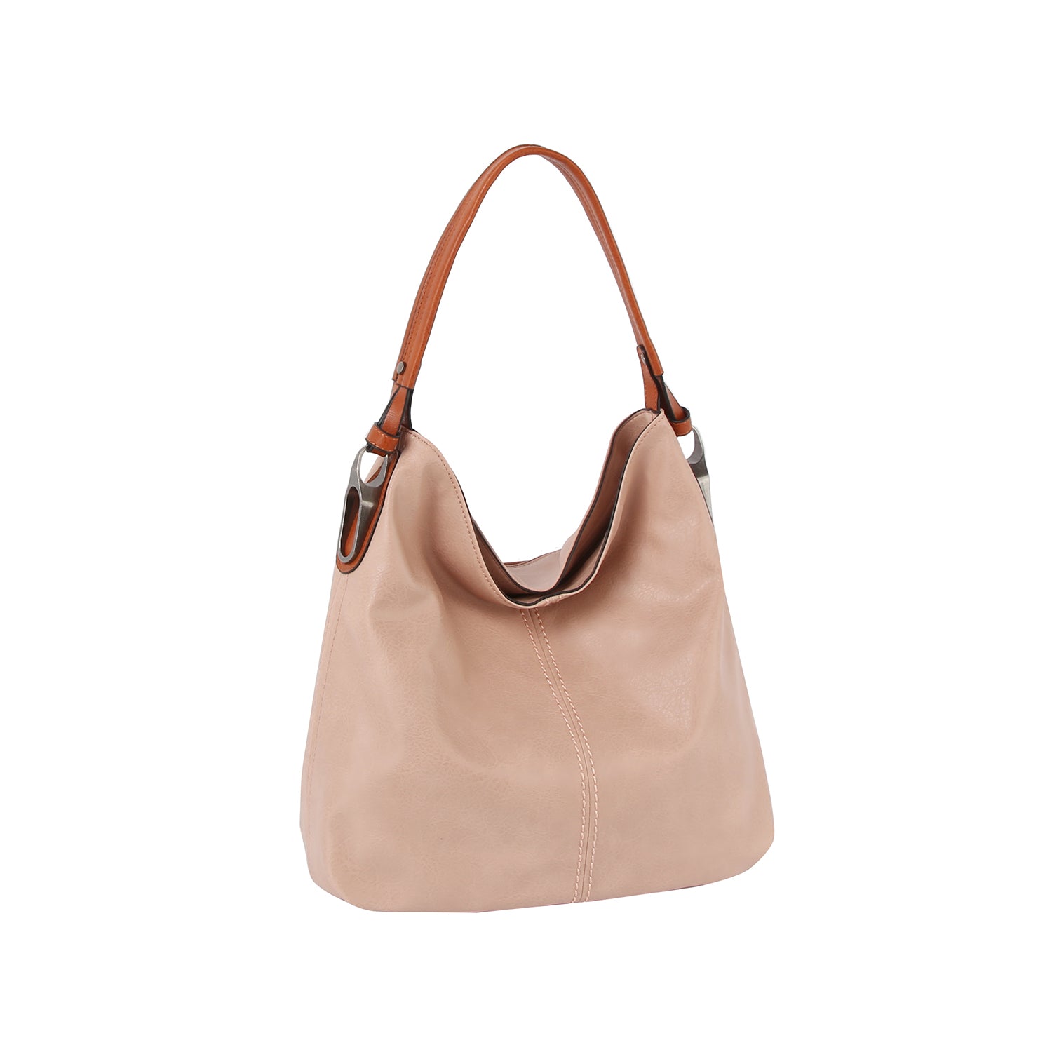 The Perfect Hobo Handbag is a soft, light pink faux leather bag with a brown shoulder strap and silver metal accents, ideal for everyday use and shown against a white background.