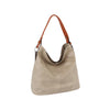 The Perfect Hobo Handbag is a beige, slouchy faux leather bag with visible stitching and a brown shoulder strap—tablet compatible and ideal for daily use, displayed on a plain white background.