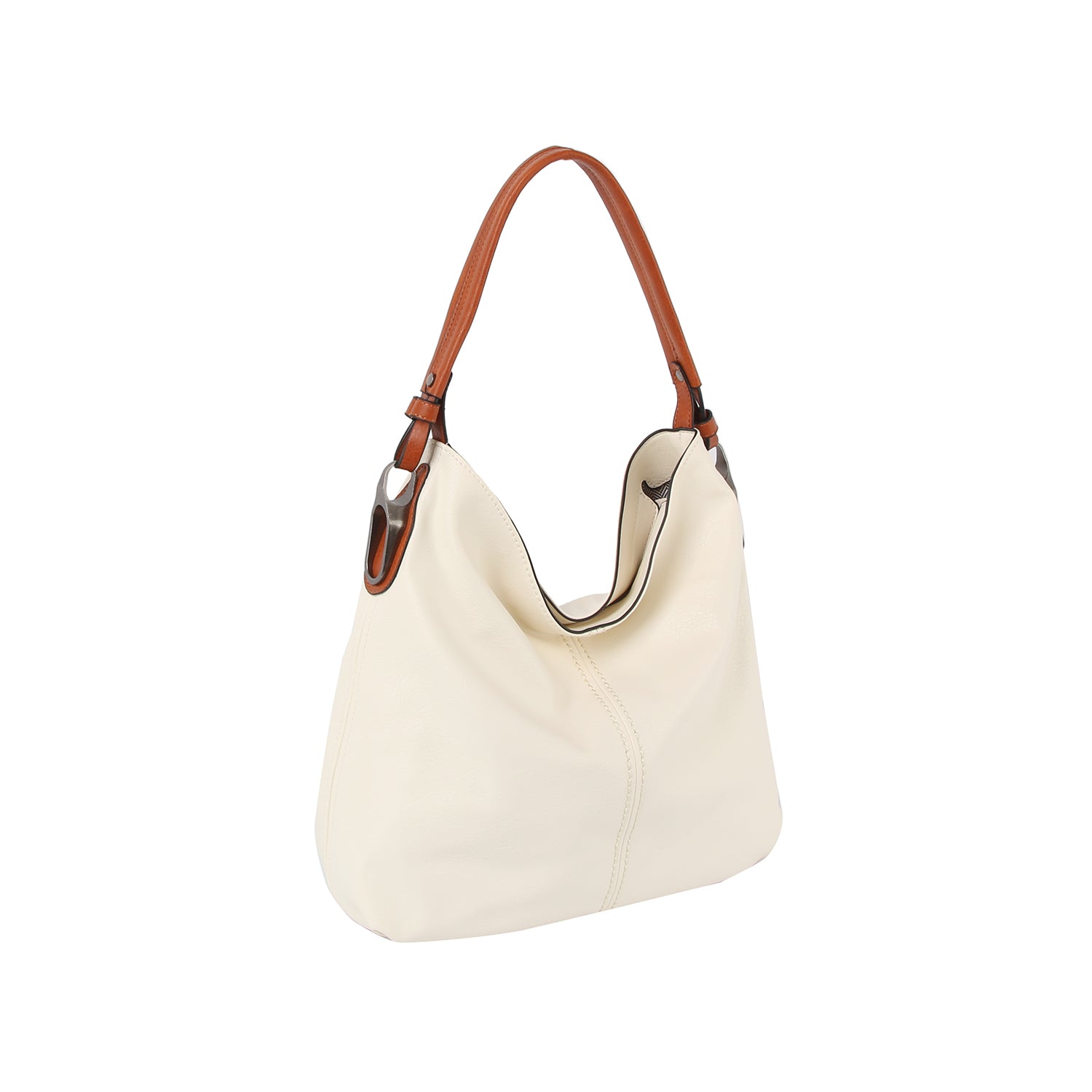 The Perfect Hobo Handbag is a cream faux leather bag with a brown strap and silver hardware, designed for everyday use and shown against a white background.