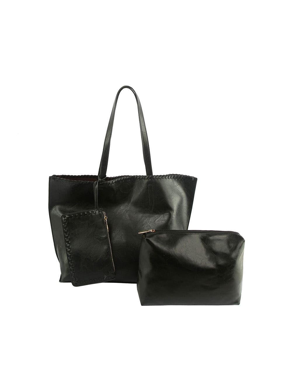 The Whipstitch Accented Luxurious Tote Set features a spacious black faux leather handbag with two handles, a matching zippered pouch, and a smaller clutch—each shown on white. This tablet-friendly set blends style and function for daily use.
