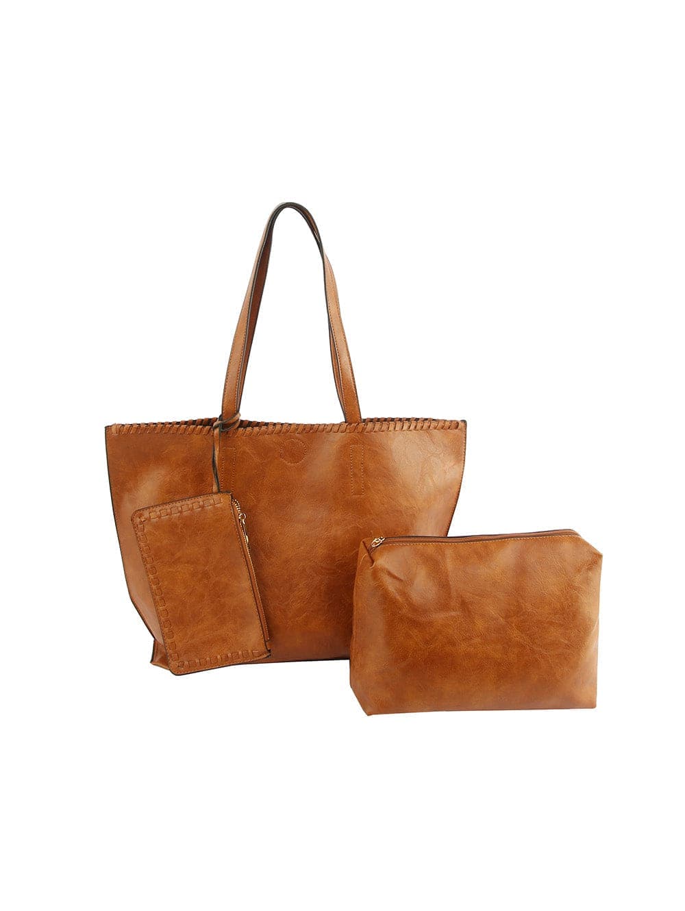 The Whipstitch Accented Luxurious Tote Set features three tan brown faux leather bags—a large two-handle tote, a medium tablet-friendly purse, and a small zip pouch—all displayed on a white background.