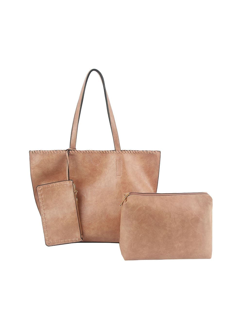 The Whipstitch Accented Luxurious Tote Set includes three tan faux leather bags: a spacious two-handle tote, a medium zippered pouch, and a small zippered wallet, all shown against a white background.