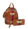 The Decorative Bee Backpack Set features a chic brown faux leather backpack with green and red stripes, gold zippers, jeweled bee brooch accents, a small round pouch, and a matching wallet displayed in front.