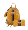 The Decorative Bee Backpack Set includes a yellow faux leather backpack and matching wallet, both adorned with jeweled bee brooches and green-red-green stripes. The backpack features a side pouch for added convenience and style.