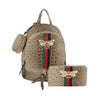 The Decorative Bee Backpack Set includes a tan, textured faux leather backpack, matching wallet, and pouch—all with jeweled bee brooches, red-green stripes, and gold zippers.