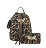 The Decorative Bee Backpack Set features a faux leather leopard print backpack and wallet, both with red and green stripes and jeweled bee emblems. The wallet is elegantly displayed in front of the backpack.