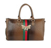 The Croc Embossed Rhinestone Bee Weekender is a brown textured faux leather handbag featuring dual handles, green and red stripes, gold-tone hardware, and a decorative gold bee with pearl and jewel accents on the front.