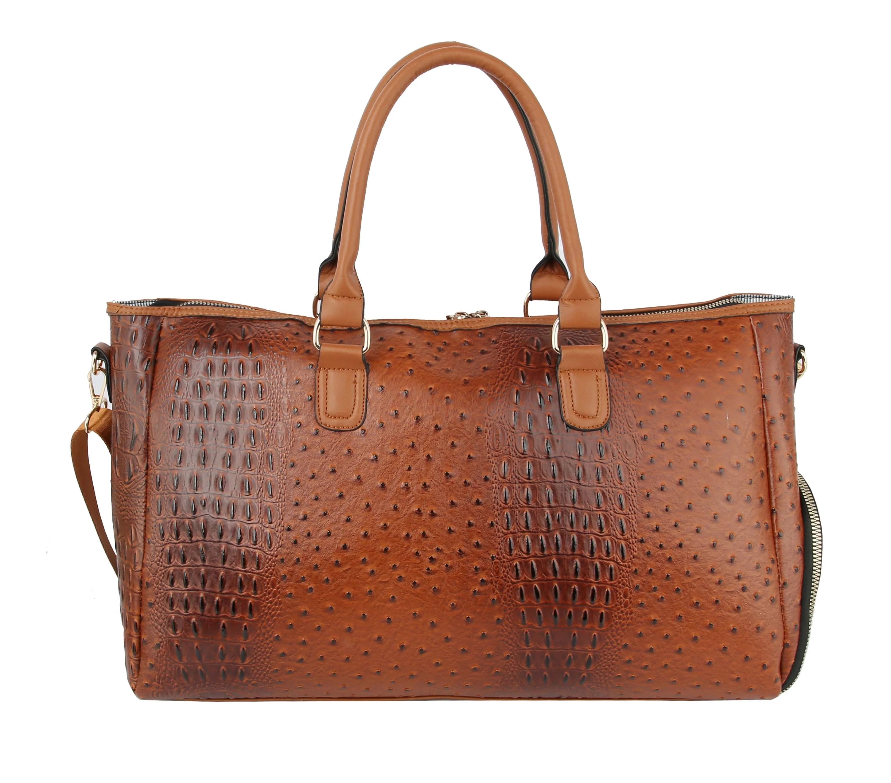 The Croc Embossed Rhinestone Bee Weekender is a brown faux leather handbag with two top handles, ostrich and crocodile textures, a detachable strap, gold-toned hardware, and zipper closures.