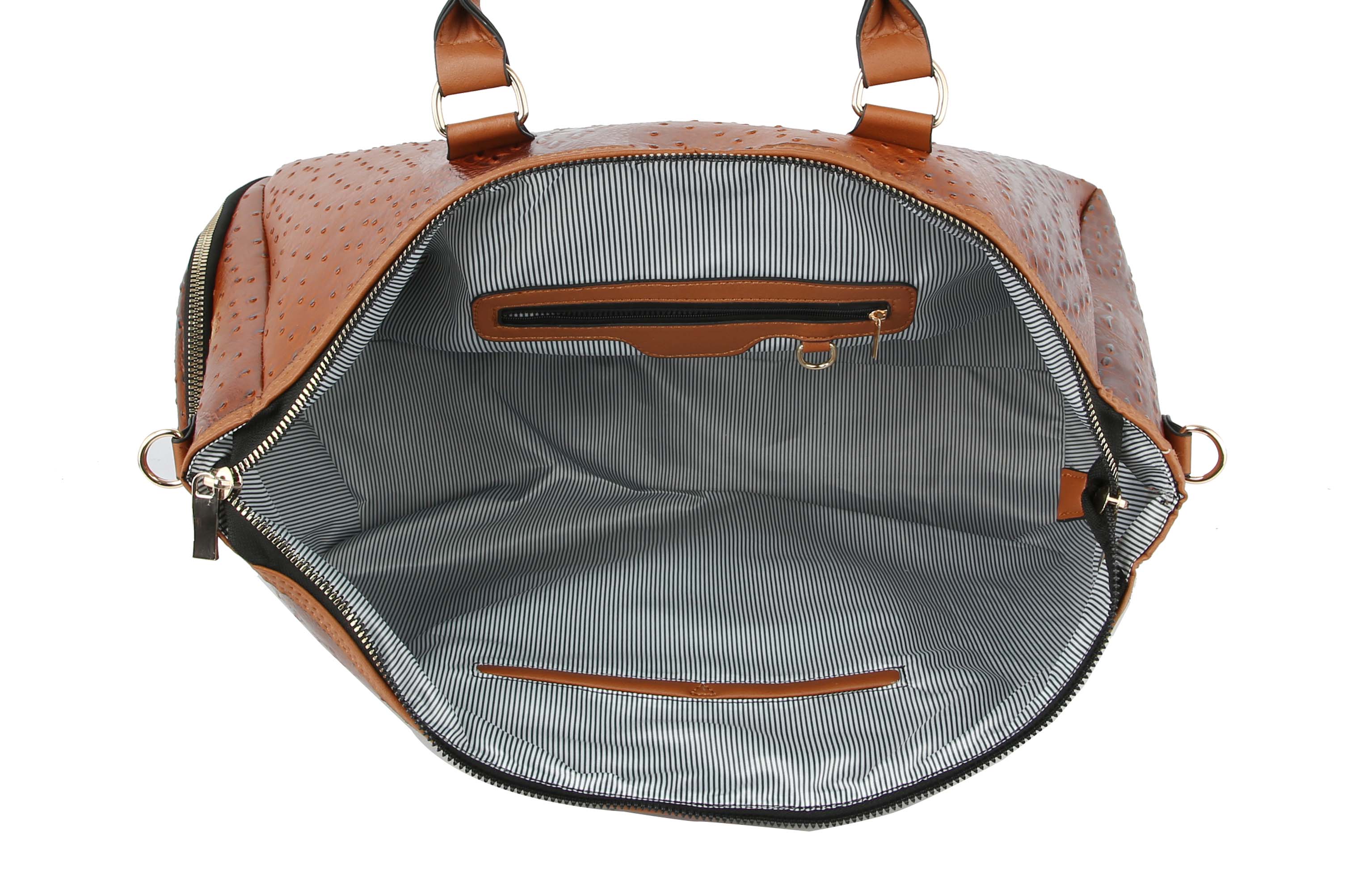 The Croc Embossed Rhinestone Bee Weekender is an open brown faux leather handbag with a textured exterior, gold-tone hardware, and a striped gray and white lining. Inside, it offers one zippered pocket and one open pocket on opposite sides.