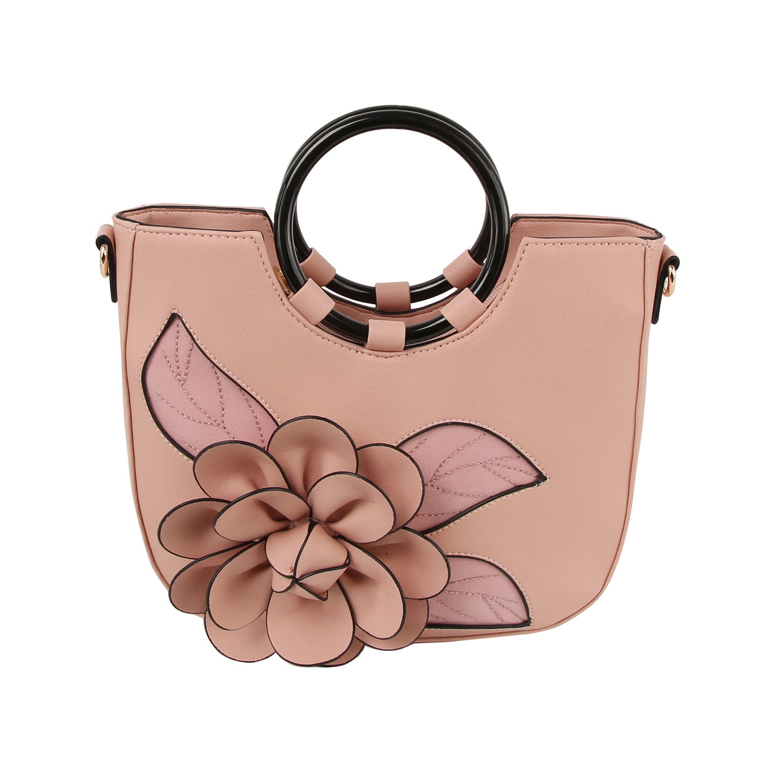 The Raised Flower Tote Handbag in blush pink faux leather has black circular handles, a large 3D flower with leaf applique on the front, gold-toned hardware, and a detachable strap for versatile carrying.