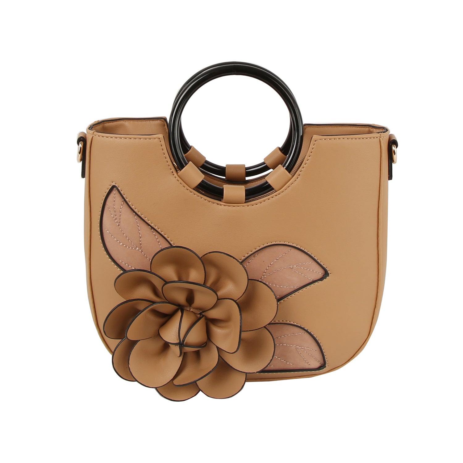 The Raised Flower Tote Handbag features tan faux leather, black circular handles, a prominent 3D brown flower, stitched leaf accents on the front, and comes with a detachable strap for versatile styling.