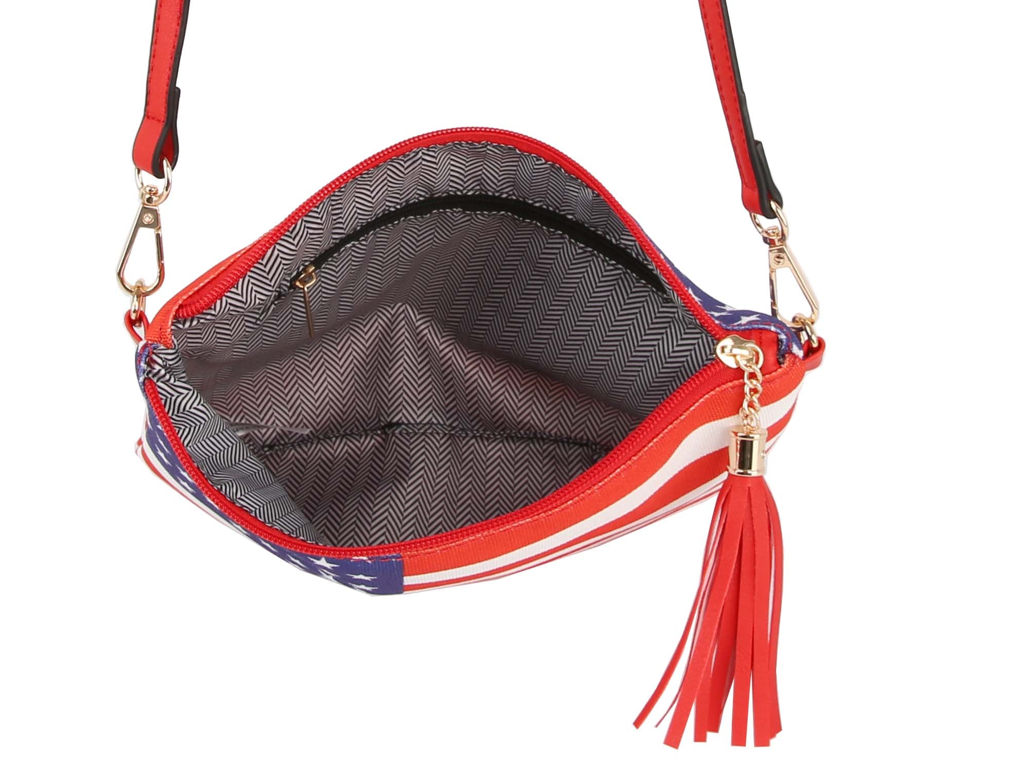 The American Flag 3 Piece Crossbody Set features red, white, and blue colors, a tassel accent, adjustable strap, herringbone-patterned lining, and an inner zipper pocket.