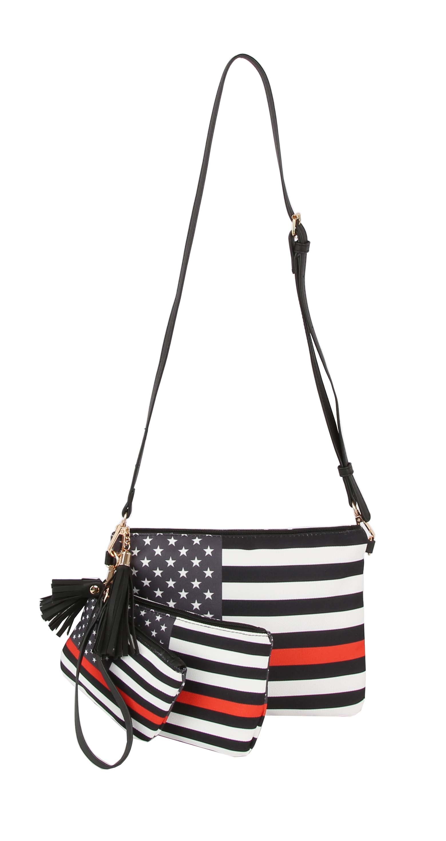 The American Flag 3 Piece Crossbody Set includes a shoulder bag and two matching pouches with a black, white, and red stars and stripes design, featuring an adjustable strap and a stylish tassel accent.