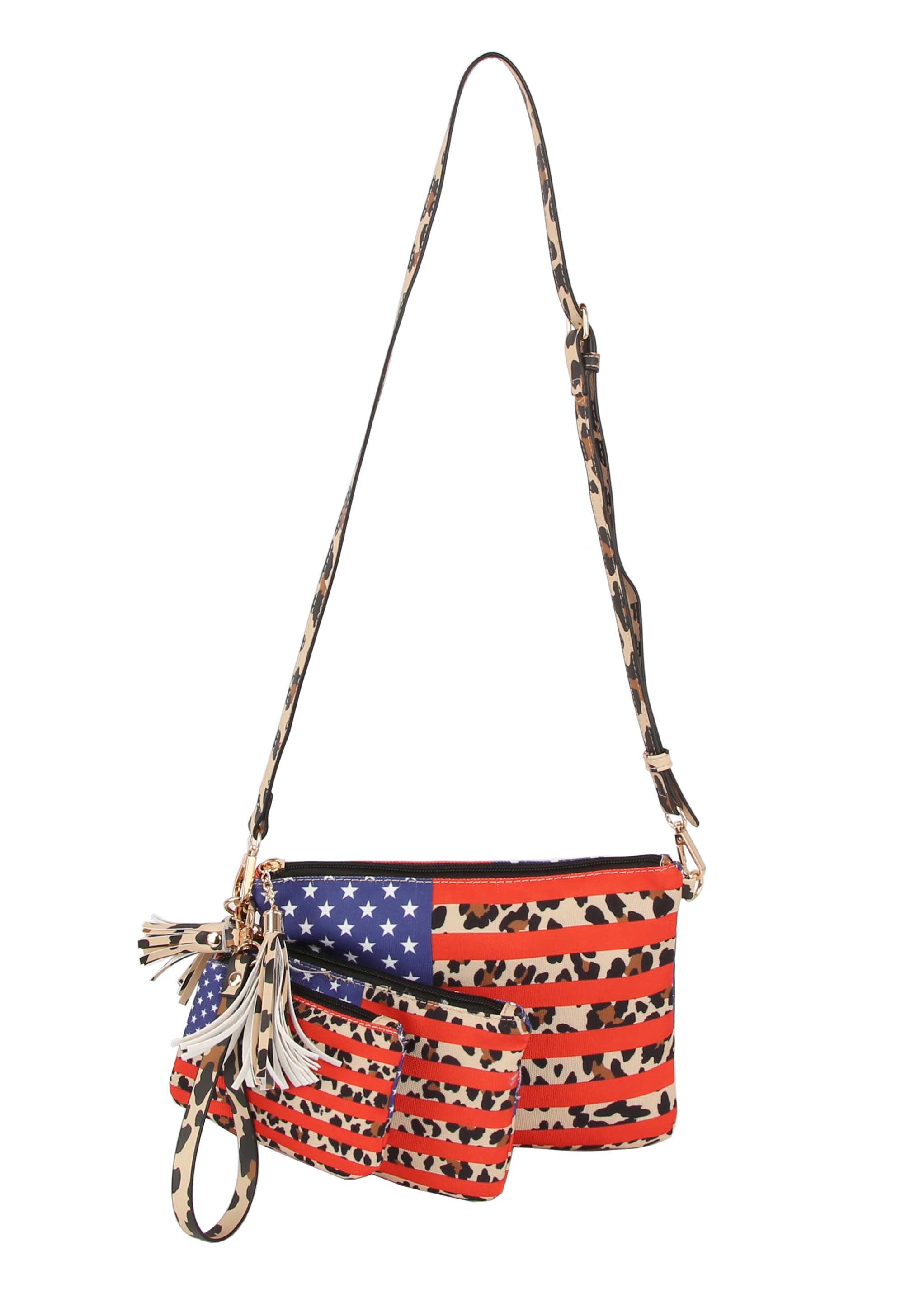 The American Flag 3 Piece Crossbody Set features a crossbody bag and keychain pouch with an American flag over leopard print, plus a matching adjustable strap and tassel accent for extra style.