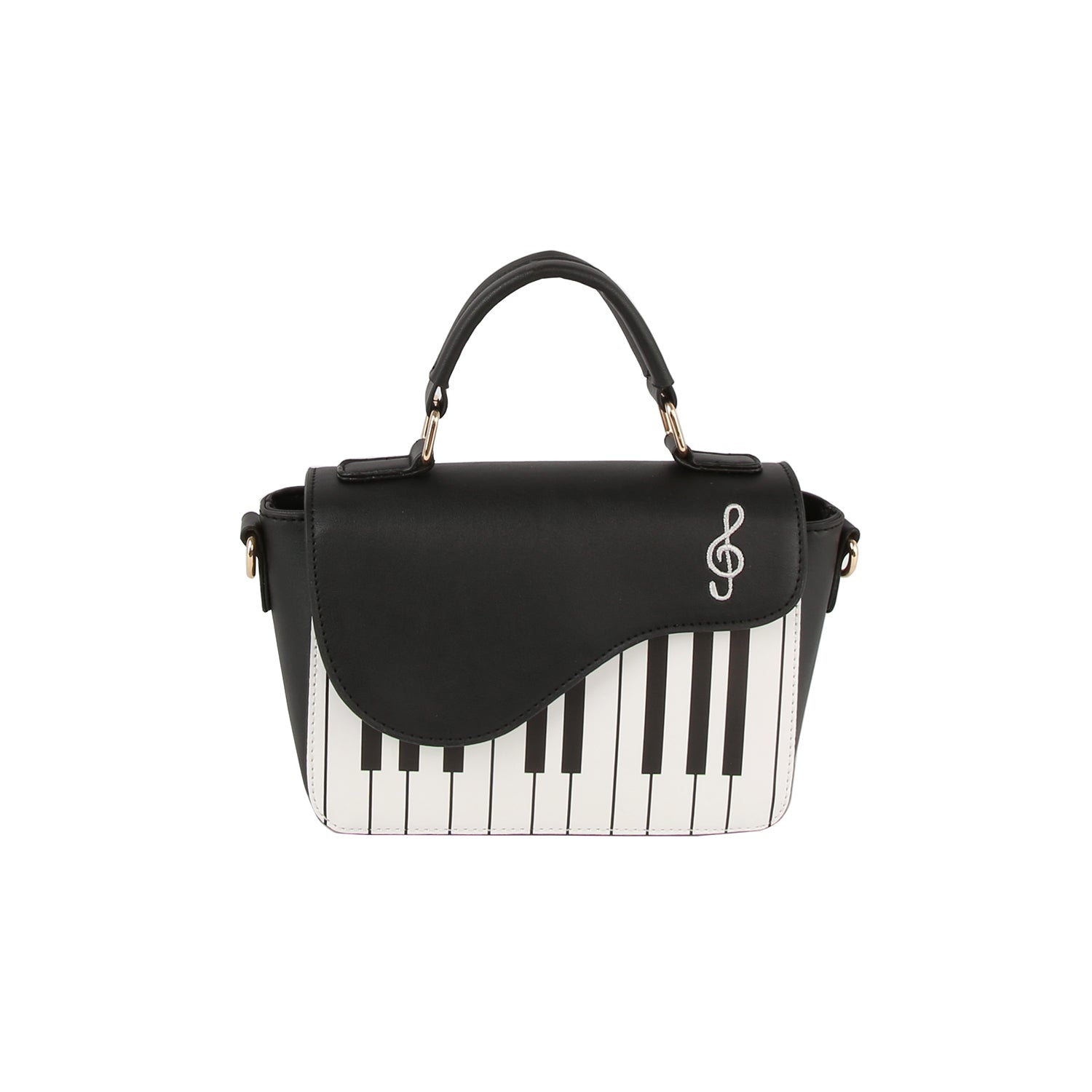 The Stylish Piano Design Hand Tote is a black faux leather bag featuring a front piano keyboard, white treble clef on the flap, gold hardware, short handle, and adjustable strap for versatile carrying.